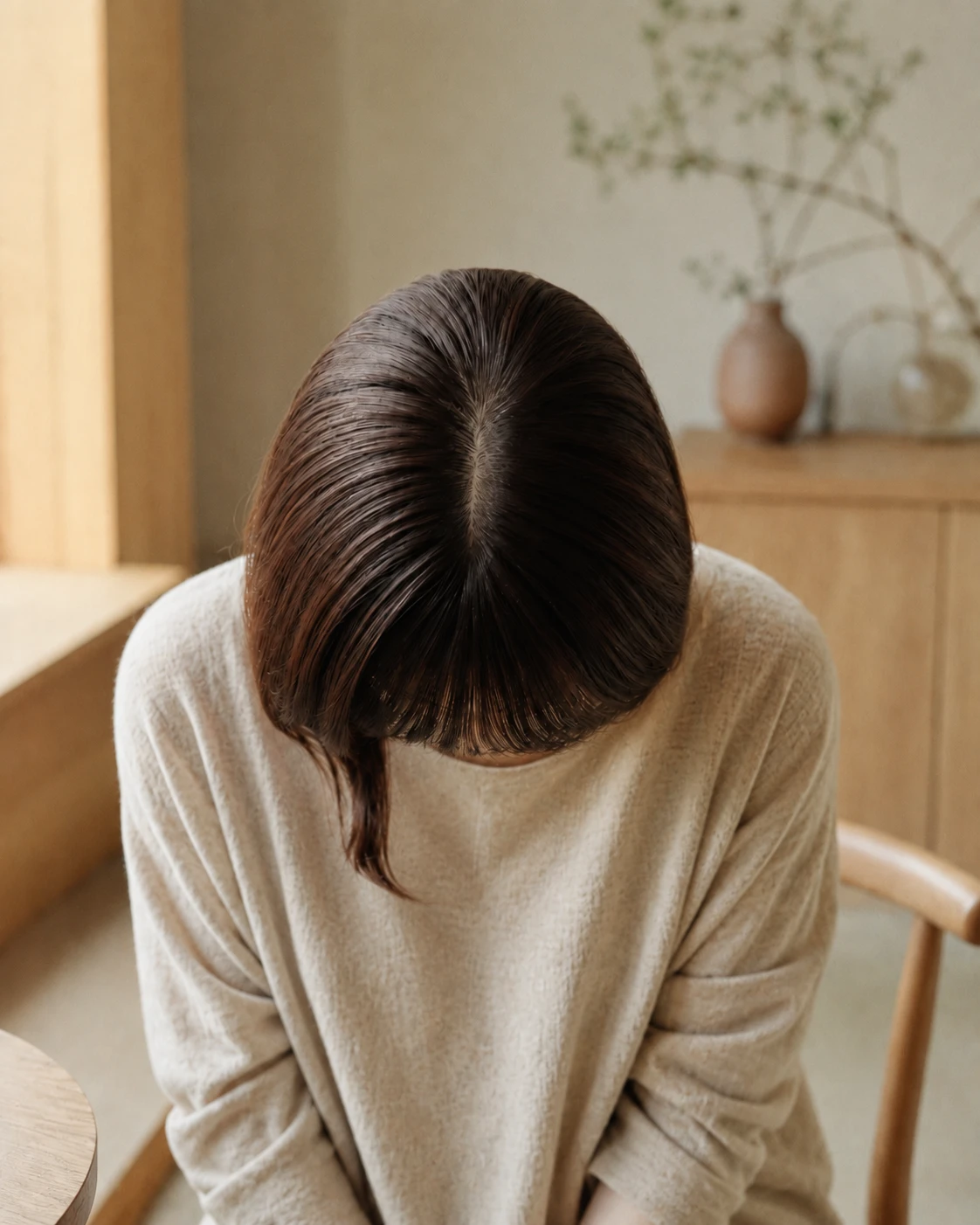 美しく染まった髪でお辞儀をする女性の頭頂部（イメージ）